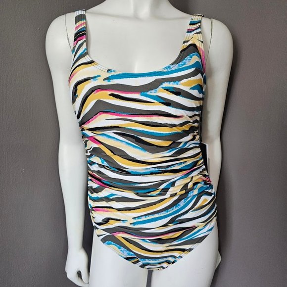 DKNY Mesh Side-Stripe Ruched One-Piece Swimsuit Size 8 - Picture 2 of 12